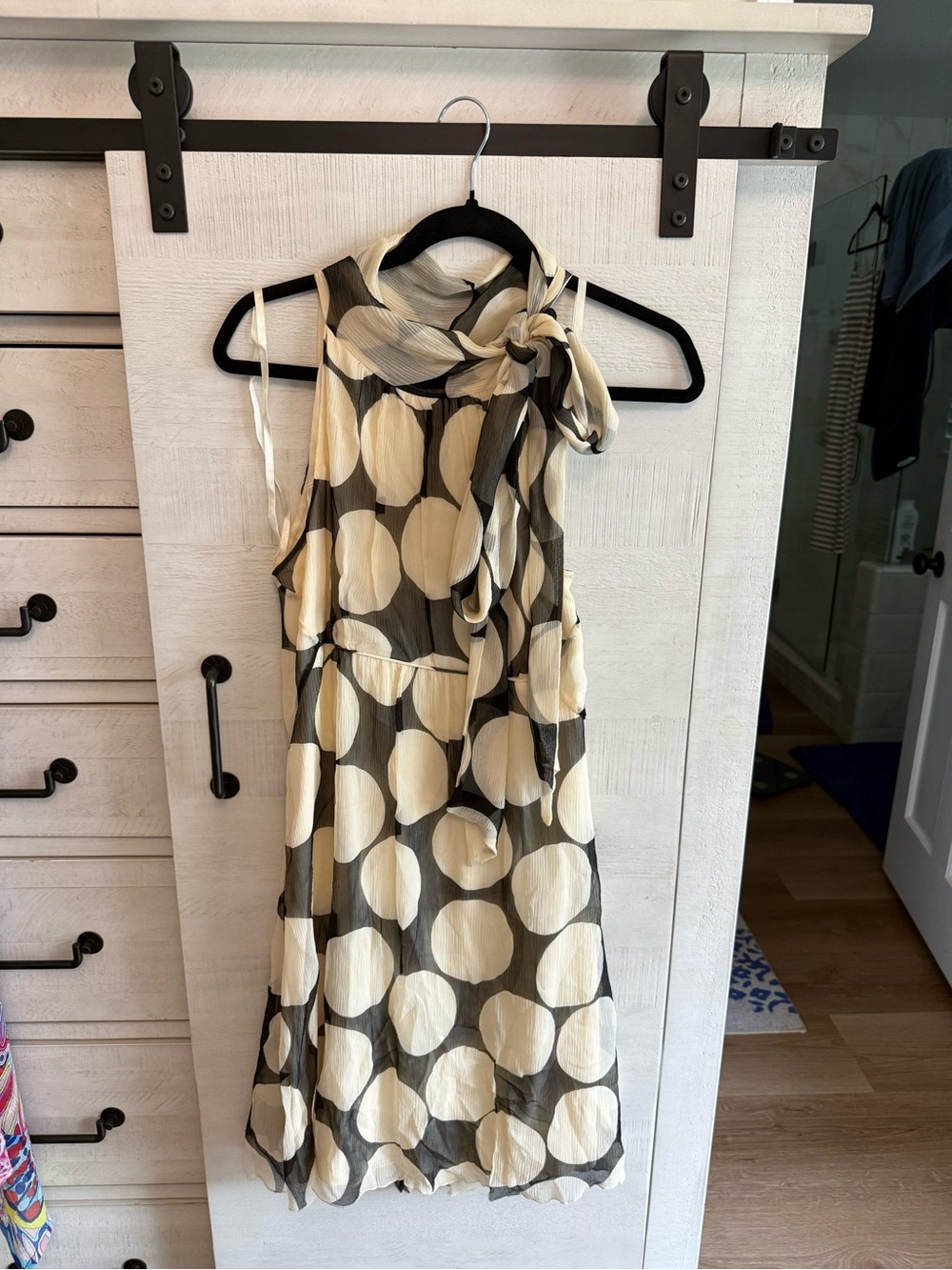 Diane Von Furstenburg Sleeveless Polka Dot Tie-Neck Dress in Cream and Black